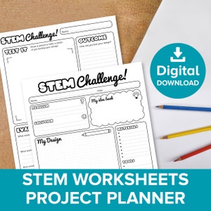 STEM Challenge Project werkbladplanner, ontwerp van het wetenschapsactiviteitenplan voor kinderen, leerexperiment voor studenten thuis, digitaal afdrukbaar voor kinderen