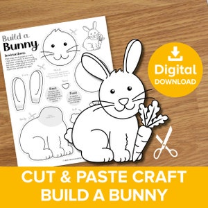 Manualidad imprimible de conejito para cortar y pegar, proyecto para colorear un conejo de Pascua, kit de actividades educativas para hacer modelos de animales de granja para bebés de primavera