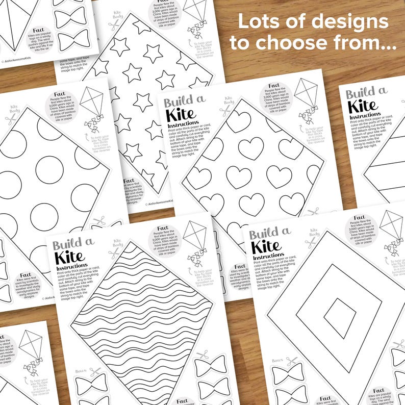 K&ouml;nnte beinhalten: Eine Sammlung wei&szlig;er Papierdrachenvorlagen mit verschiedenen schwarzen Umrissmustern, darunter Sterne, Herzen, Kreise und Schleifen. Der Text "Build a Kite Instructions" ist auf einigen Bl&auml;ttern zu sehen, zusammen mit dem Satz "Lots of designs to choose from..."