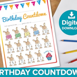 Può includere: Grafico di conto alla rovescia per il compleanno stampabile con un coniglio che tiene un numero su ogni pagina. Il grafico è progettato per aiutare i bambini a contare i giorni fino al loro compleanno. Il grafico include il testo "Birthday Countdown" e "Birthday Time!" con una grafica di cupcake.