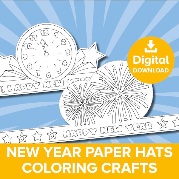 New Year's Eve Paper Hats, Happy New Year Party Hat Crown, Holiday Decoration Coloring Activity, 2024 Countdown Celebration Craft Printable