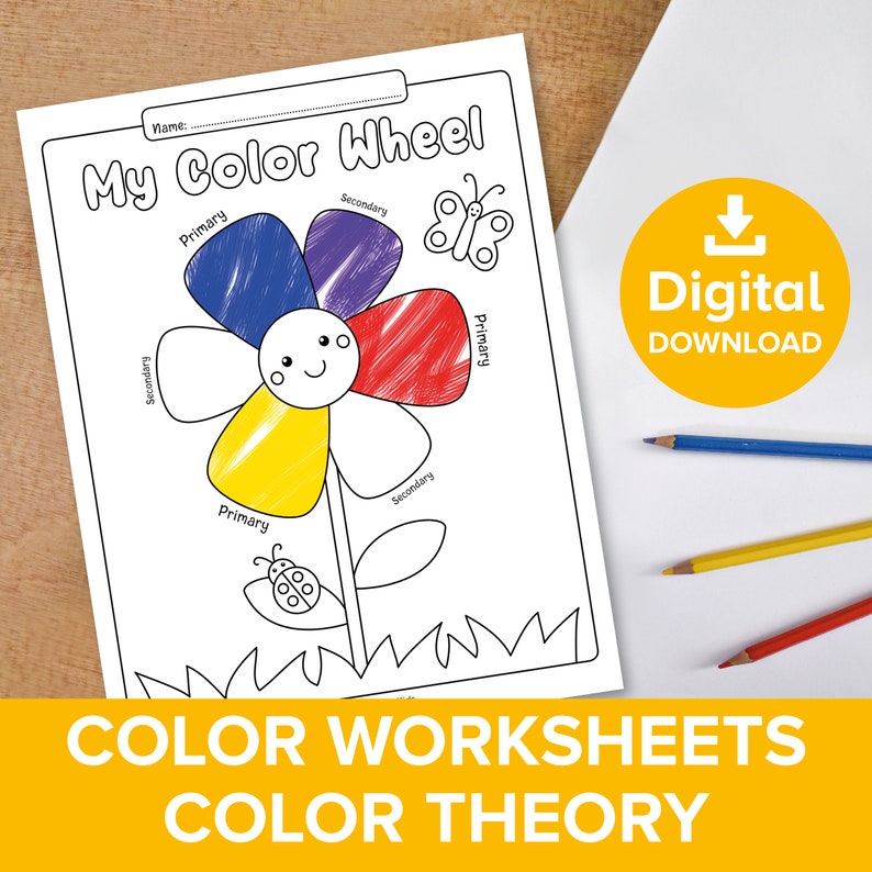 May include: A black and white printable worksheet featuring a flower with petals labelled "primary" and "secondary" to teach colour theory. The worksheet includes the text "My Colour Wheel".