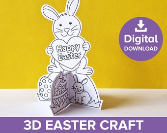 Easter Bunny 3D Greetings Card Craft, Cute Rabbit Cut-out & Color Model Gift, Spring Animals Freestanding Project Kit Printable Art Activity