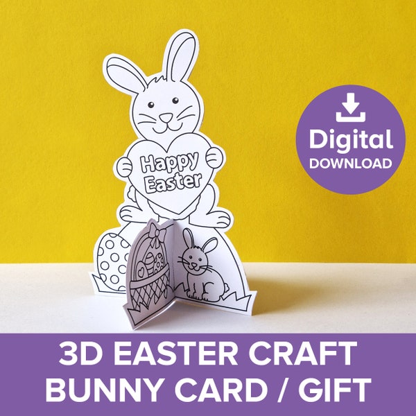 Easter Bunny 3D Greetings Card Craft, Cute Rabbit Cut-out & Color Model Gift, Spring Animals Freestanding Project Kit Printable Art Activity