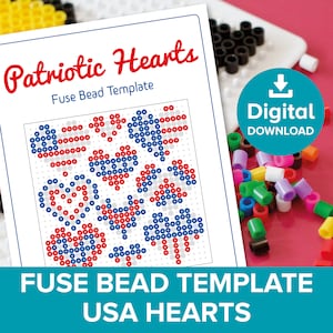 USA Hearts Fuse Bead Template, 4th July Patriotic American Flag Craft, Hama Perler Nabbi Pyssla Decoration, Independence Day Gift Printable