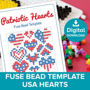 Op de afbeelding: Printbare smeltkraal sjabloon met negen patriottische harten in rood, wit en blauw. De sjabloon bevat de tekst "Patriotic Hearts" en "Fuse Bead Template".