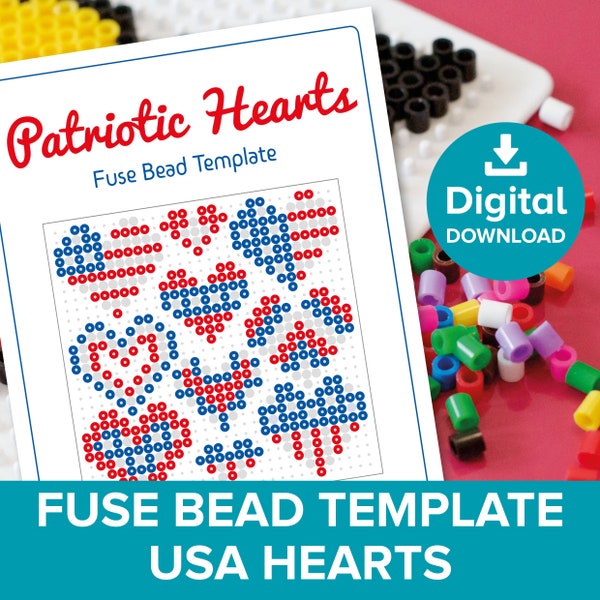 USA Hearts Fuse Bead Template, 4th July Patriotic American Flag Craft, Hama Perler Nabbi Pyssla Decoration, Independence Day Gift Printable