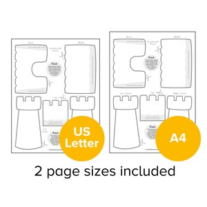 May include: A printable castle craft template for kids. The template includes a base, middle section, top, and two turrets. The template is available in two sizes: US Letter and A4. The template includes fun facts about castles.