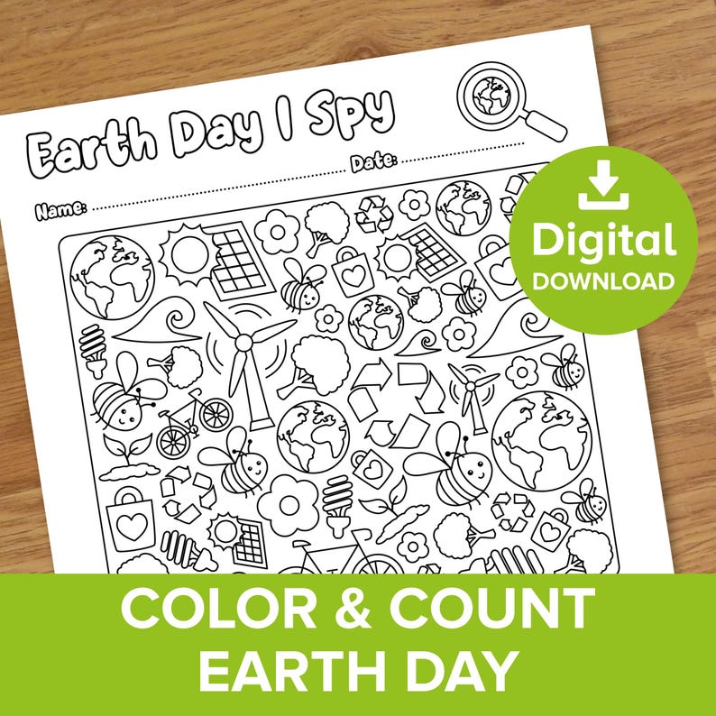 May include: A black and white printable Earth Day I Spy activity sheet with a magnifying glass and a grid of images to color and count. The images include a bee, a flower, a globe, a tree, a bicycle, a light bulb, a solar panel, a wind turbine, and a recycling symbol.