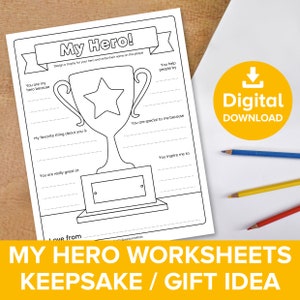 Regalo imprimible del mejor trofeo del mundo, actividad de hoja de trabajo de My Hero, regalo de recuerdo del Día del Padre y la Madre, mensaje divertido para escribir cartas de superhéroes
