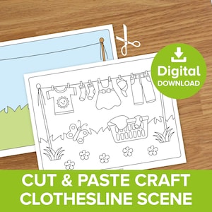Puede incluir: Una actividad de manualidades imprimible en blanco y negro para cortar y pegar que presenta una cuerda para tender la ropa con varios artículos colgados, incluyendo una camisa, calcetines, un vestido, un sombrero y pantalones. Hay una cesta de ropa debajo de la cuerda para tender la ropa, una mariposa y flores.