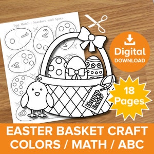 Manualidad de canasta de huevos de Pascua imprimible, paquete educativo de 18 páginas para recortar y colorear: números, colores y letras, kit de actividades de arte de pollitos de primavera para el aula