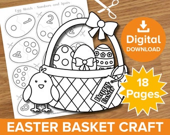 Puede incluir: Actividad de manualidades de Pascua imprimible en blanco y negro con 18 páginas. La manualidad presenta una cesta con huevos, un pollito y una etiqueta de "Feliz Pascua". La actividad incluye un juego de coincidencia de números y puntos.