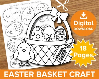 Easter Egg Basket Craft Printable, 18 Page Educational Cut-out & Color Pack - Numbers Colors Letters, Spring Chick Art Activity Classrom Kit