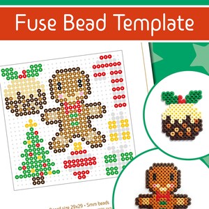 K&ouml;nnte beinhalten: Eine druckbare Weihnachts-Perlen-Vorlage mit einem Lebkuchenmann, einem Weihnachtsbaum, einem Zuckerstange, einem Weihnachtspudding und einem Stern. Die Vorlage ist f&uuml;r 5 mm Perlen ausgelegt und misst 29 x 29 Perlen.