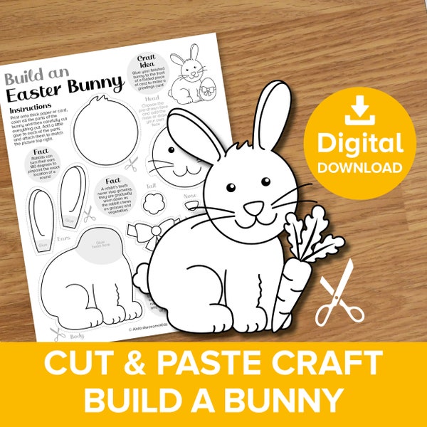 Easter Bunny Cut & Paste Craft Printable, Build a Rabbit Coloring Project, Spring Baby Farm Animal Art Model Making Educational Activity Kit