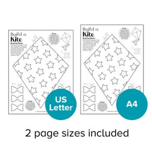 K&ouml;nnte beinhalten: Zwei druckbare Drachen-Anleitungsbl&auml;tter. Jedes Blatt enth&auml;lt eine Drachenvorlage mit Sternmustern, Schleifenausschnitten und Anweisungen. Ein Blatt ist mit "US Letter" und das andere mit "A4" beschriftet. Der Text "Build a Kite" steht oben.