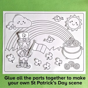 May include: A black and white printable St. Patrick's Day craft activity for kids. The craft includes a leprechaun, a pot of gold, a rainbow, shamrocks, birds, and a cloud. Glue all the parts together to make your own St. Patrick's Day scene.