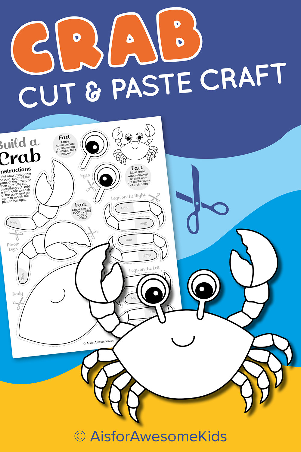 Crab Cut & Paste Craft Printable, Summer Beach Color and Build Art Kit