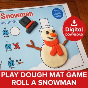 May include: A printable play dough mat game featuring a snowman with a hat, scarf, and face. The game includes dice with numbers 4, 5, and 6. The text "Take turns to roll a dice and build your snowman" is included on the mat. The text "Play Dough Mat Game Roll a Snowman" is at the bottom of the mat.