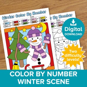 Winter Color By Number Worksheets, Christmas Snowman Picture Reveal, Xmas Art Educational Math Sums Printable, Snowy Colouring Page Activity