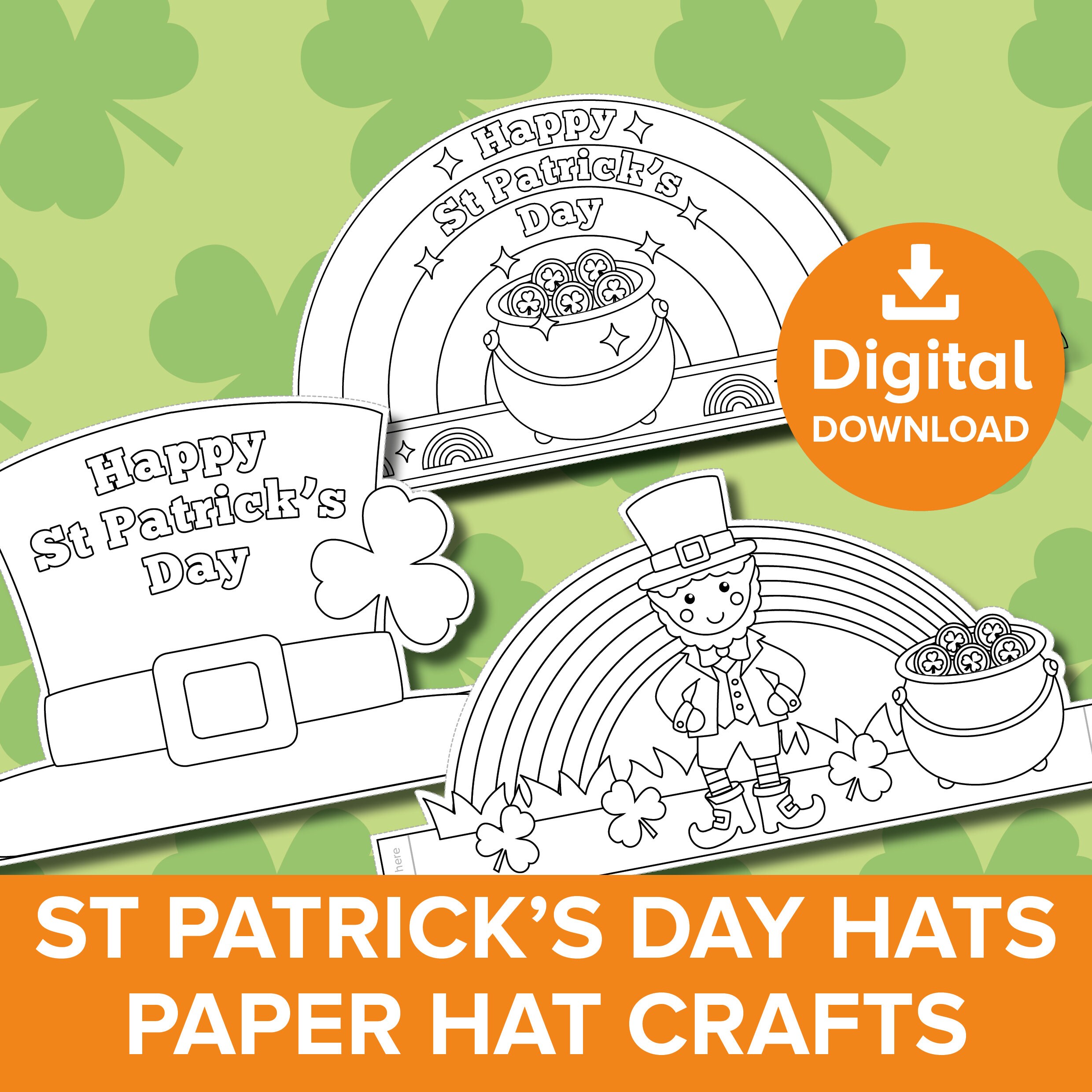 Manualidad de corona de papel para el día de San Patricio, gorro de duende  para fiesta para colorear e imprimir, actividad de olla de oro con sprites  irlandeses para celebrar festivales de, image size:2480x2480