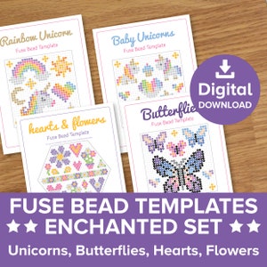 Unicorn & Butterfly Fuse Bead Template Bundle, Hearts and Flowers Bracelet Craft Pattern, Hama Perler Magical Party Gift Pixel Art Printable