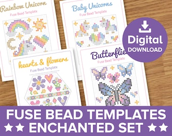 Unicorn & Butterfly Fuse Bead Template Bundle, Hearts and Flowers Bracelet Craft Pattern, Hama Perler Magical Party Gift Pixel Art Printable