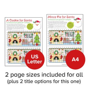May include: Two printable Christmas-themed treasure hunt games for kids. The games are called "A Cookie for Santa" and "Mince Pie for Santa". Each game features a grid with a festive scene and instructions for players to find hidden items.