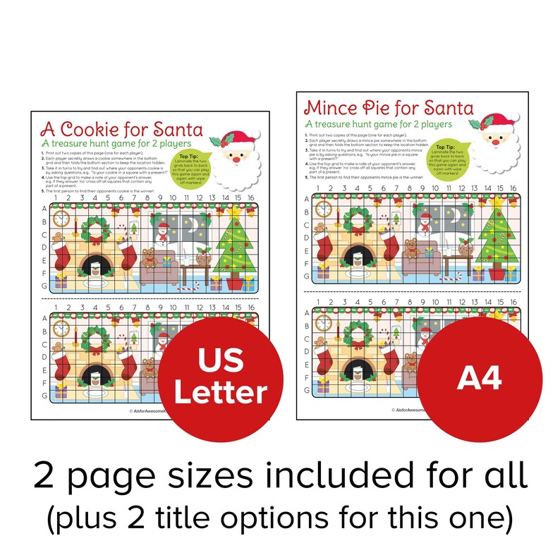 May include: Two printable Christmas-themed treasure hunt games for kids. The games are called "A Cookie for Santa" and "Mince Pie for Santa". Each game features a grid with a festive scene and instructions for players to find hidden items.
