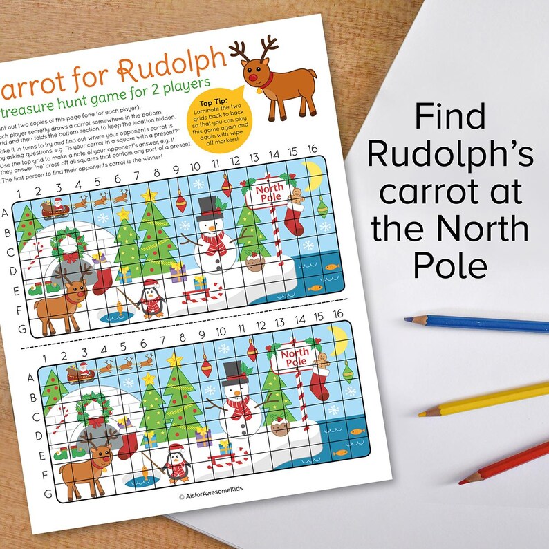 May include: A printable Christmas-themed game for two players. The game board features a grid with a snowman, a penguin, a reindeer, and a Christmas tree. The game is called "Carrot for Rudolph" and the goal is to find Rudolph's carrot at the North Pole.