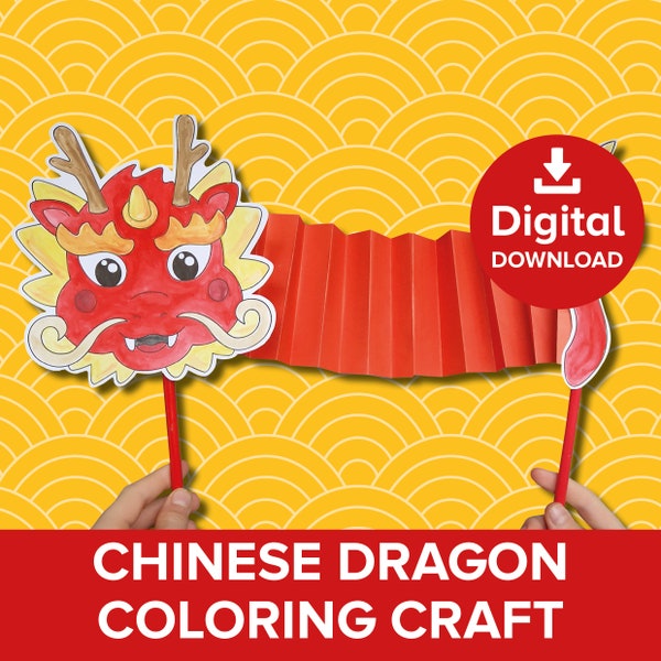 Chinese Dragon Coloring Craft Printable, Year of the Dragon Puppet Show Art, Lunar Festival Celebration Parade 2024, Oriental Model Activity