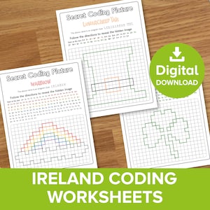 May include: Three printable worksheets for kids to practice coding skills. Each worksheet features a grid with directions to follow to reveal a hidden image. The images are a rainbow, a leprechaun hat, and a shamrock. The worksheets are titled "Secret Coding Picture" and include the words "WARBION", "LUNARCHEEP TAR", and "Digital Download".