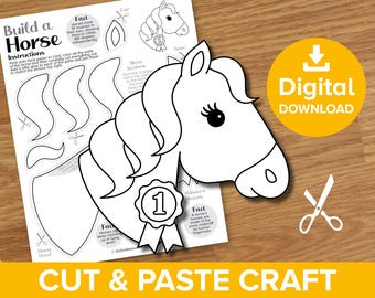 Horse Cut & Paste Craft Printable, Equine Rider Rosette Winner Art, Dressage Color and Build Paper Model, Equestrian Farm Animal Activity