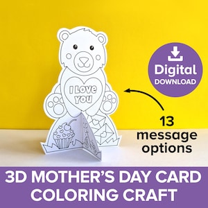 Manualidad para colorear de tarjetas de oso en 3D, kit de notas de amor para mejores amigos, regalo para el Día de la Madre y el Padre, tarjeta de felicitación de cumpleaños de San Valentín para mejores amigos de los niños imprimible