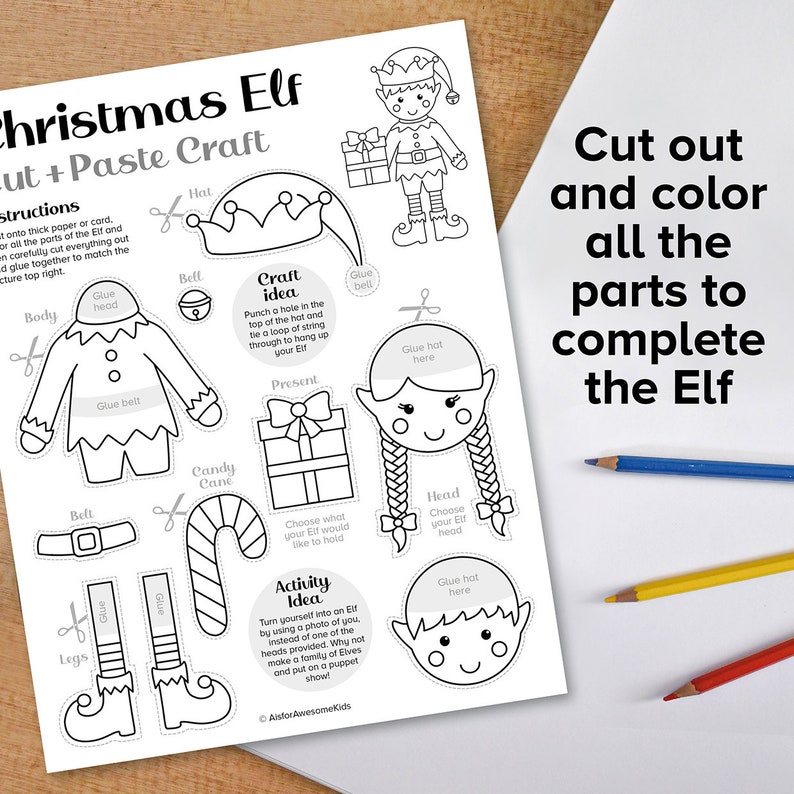 Christmas Elf Cut & Paste Craft, Pixie Xmas Card Color Build Kit, Santa ...