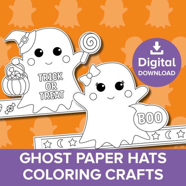 Halloween Paper Hat Crafts, Cute Ghost Trick or Treat Dress-up Crown, Spooky Birthday Party Bag Filler, Ghoul Coloring Printable Activity