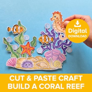 Coral Reef Cut & Paste Craft, Sea Creatures Coloring Activity Printable, Marine Life Educational Worksheet, Build Underwater Ocean Scene Art