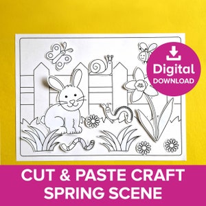 Frühlingsszene Cut & Paste Craft Printable, Ostergarten Färbung Aktivität, Hinterhof Eiersuche Modell, Wildtier Hase Sommer pädagogisch Kunst
