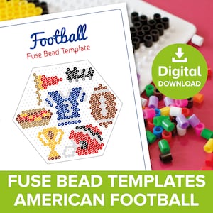 May include: A printable fuse bead template for creating an American football themed design. The template features a football, jersey, trophy, hot dog, and helmet. The template is labeled "Football Fuse Bead Template" and "Digital Download".