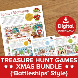May include: A set of three printable Christmas treasure hunt games for two players. Each game features a grid with a different Christmas theme: Santa's Workshop, Carrot for Rudolph, and A Cookie for Santa. The games are designed in a 'Battleships' style.