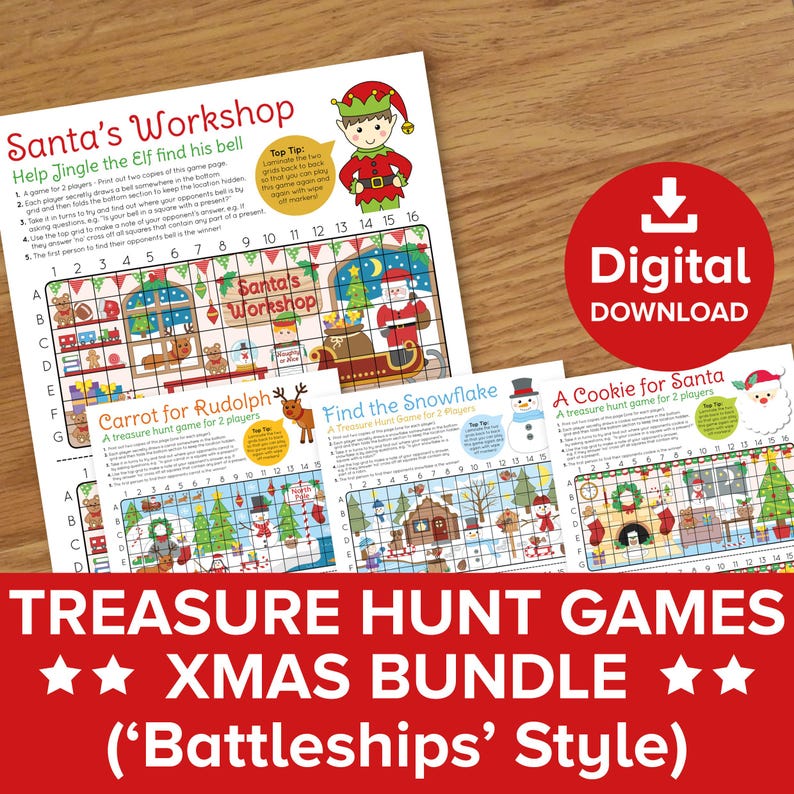 May include: A set of three printable Christmas treasure hunt games for two players. Each game features a grid with a different Christmas theme: Santa's Workshop, Carrot for Rudolph, and A Cookie for Santa. The games are designed in a 'Battleships' style.