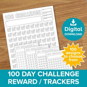 100 rastreadores de desafíos y recompensas, gráficos para colorear de mentalidad motivacional de 1 al día, resolución de Año Nuevo, creación de objetivos, registro de progreso, hábito imprimible