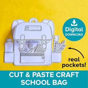 Puede incluir: Una ilustración de arte lineal en blanco y negro de una mochila escolar con etiqueta de nombre y clase, con bolsillos recortados que contienen pegamento, tijeras, calculadora, regla y lápices. Incluye el texto Digital Download.