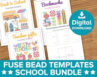 May include: Three printable fuse bead templates featuring Back to School, Bookmarks, and Teacher gifts themes. Each page displays colorful pixelated designs including a school bus, flowers, pencils, and apples, with a digital download icon.