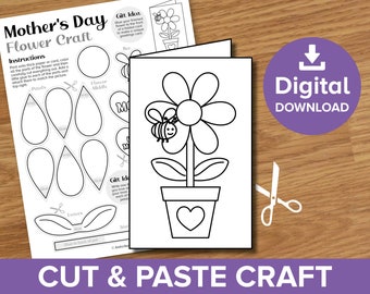 Mother's Day Flower Cut & Paste Craft Printable, Birthday Coloring Art Activity, Build a Spring Plant Pot, Kids Greetings Card Model Gift