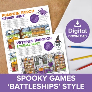 Puede incluir: Dos hojas de juego imprimibles tituladas Pumpkin Patch Spider Hunt y Witches Dungeon Eyeball Hunt, con diseños de cuadrícula para dos jugadores. Incluye un icono circular morado de Digital Download y tres lápices de colores azul, amarillo y rojo.