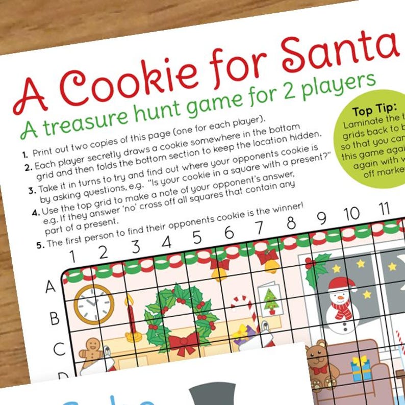 May include: A printable Christmas game for two players. The game board features a festive scene with a fireplace, a clock, a wreath, a gingerbread man, a snowman, and presents. The game instructions are printed on the page, and the game board is divided into a grid with numbers and letters.