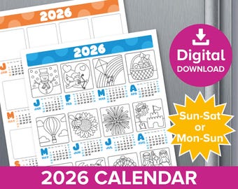 2026 Coloring Calendar, 1-Page Photo Calendar, Kids Make your own Year Planner, Children's Drawing Prompt Christmas Gift, Printable Activity