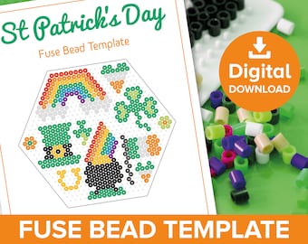 May include: A printable fuse bead template featuring a rainbow, shamrock, pot of gold, and leprechaun hat. The template is titled "St Patrick's Day Fuse Bead Template".